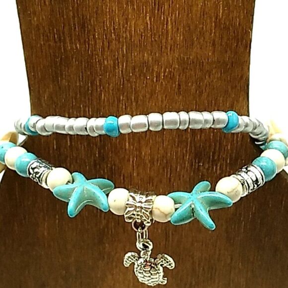 Double Strand Anklet Starfish Beaded Turtle Charm Turquoise & White NWOT - Picture 6 of 11